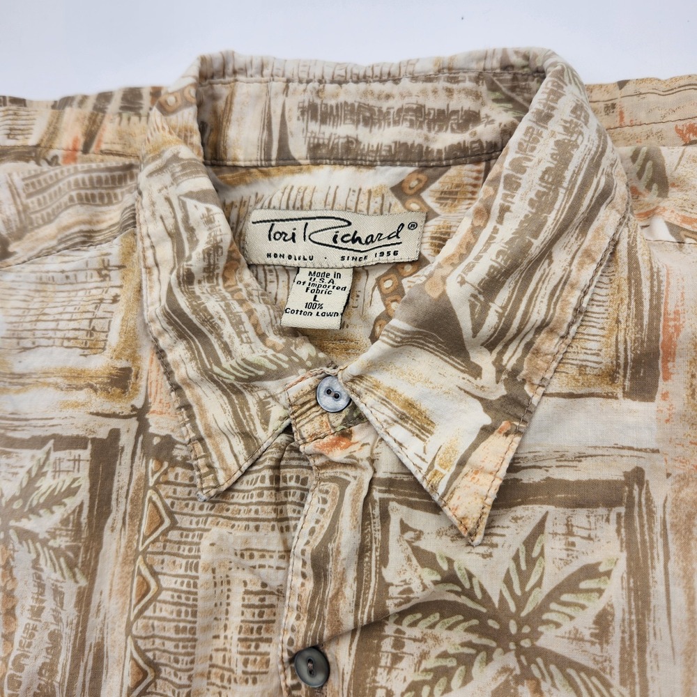Tori Richard Honolulu Geometric Button Hawaiian Shirt Mens L Palm Trees Tan